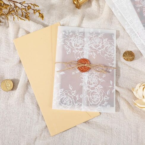 100 عبوة من سترات Vellum لدعوات 5x7 - ورق رق مطوي مسبقًا 5x7، 130 جرامًا في المتر المربع أغلفة دعوة زفاف شفافة بنمط زهور أنيق (أبيض) in Kuwait
