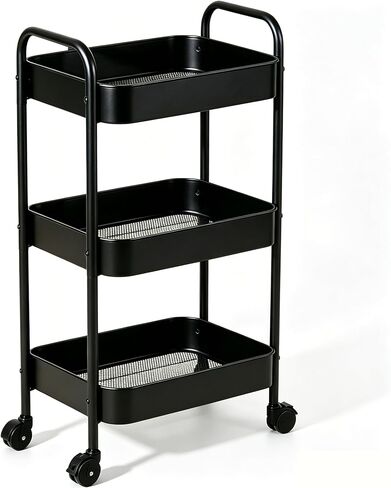 3-Tier Metal Rolling Utility Cart with Handle, Multi-Functional Storage Trolley for Office, Living Room, Kitchen, Movable Storage Organizer with Wheels, Black in Kuwait