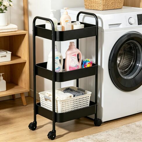 3-Tier Metal Rolling Utility Cart with Handle, Multi-Functional Storage Trolley for Office, Living Room, Kitchen, Movable Storage Organizer with Wheels, Black in Kuwait