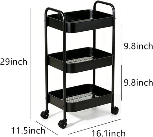 3-Tier Metal Rolling Utility Cart with Handle, Multi-Functional Storage Trolley for Office, Living Room, Kitchen, Movable Storage Organizer with Wheels, Black in Kuwait