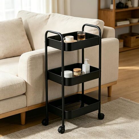 3-Tier Metal Rolling Utility Cart with Handle, Multi-Functional Storage Trolley for Office, Living Room, Kitchen, Movable Storage Organizer with Wheels, Black in Kuwait