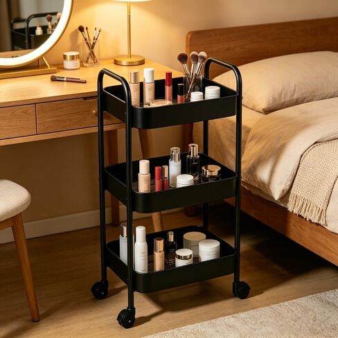 3-Tier Metal Rolling Utility Cart with Handle, Multi-Functional Storage Trolley for Office, Living Room, Kitchen, Movable Storage Organizer with Wheels, Black in Kuwait