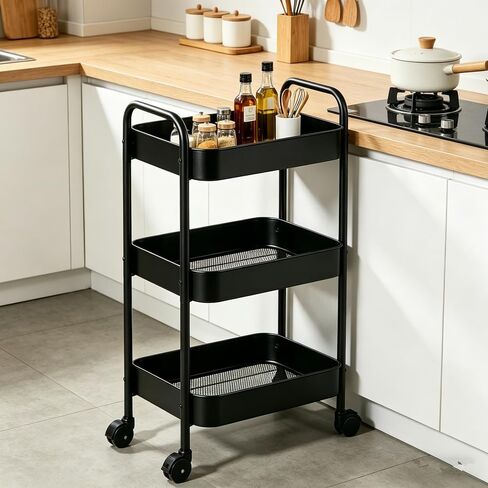 3-Tier Metal Rolling Utility Cart with Handle, Multi-Functional Storage Trolley for Office, Living Room, Kitchen, Movable Storage Organizer with Wheels, Black in Kuwait