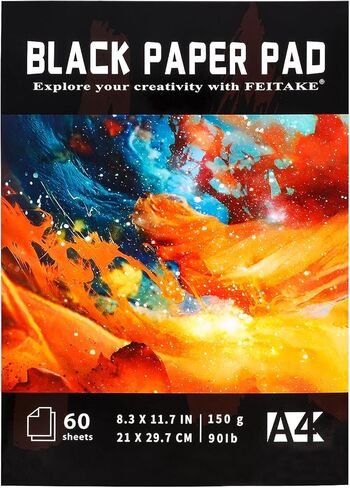 دفتر رسم لوحة ورق أسود من FEITAKE - 120 صفحة (60 ورقة) بأحجام A4 / 150 جرامًا لكل متر مربع (90 رطلًا) دفتر رسم فني ثقيل الوزن للعلامات المعدنية وأقلام الجل وأقلام الرصاص الملونة وما إلى ذلك هدية للأطفال الطلاب الفنانين in Kuwait