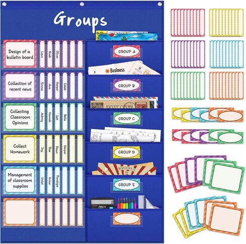AKAYOK Small Group Pocket Chart with 84 Colorful Dry Erase Cards, Classroom Jobs Chart with 6 Pocket Wall Hanging File Folder, Pocket Chart for Classroom,Office,Home, Small Group Classroom Must Haves in Kuwait