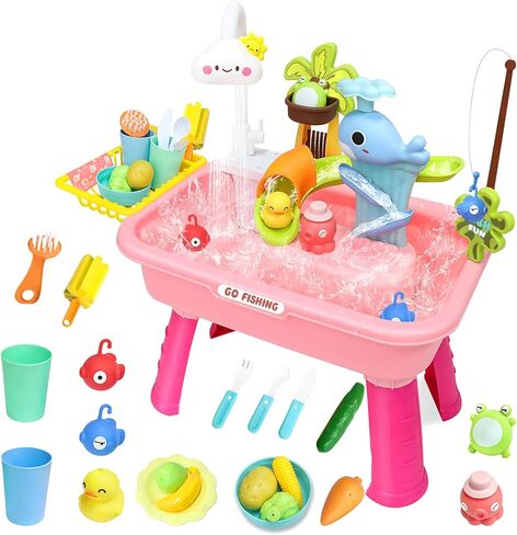 Water Table for Toddlers 1-3, Play Sink for Toddlers with Waterfall Shower, Fishing Game, Whale Slide & Pretend Kitchen Toys, Summer Baby Water Toy for Outdoor Backyard Play (Blue) in Kuwait