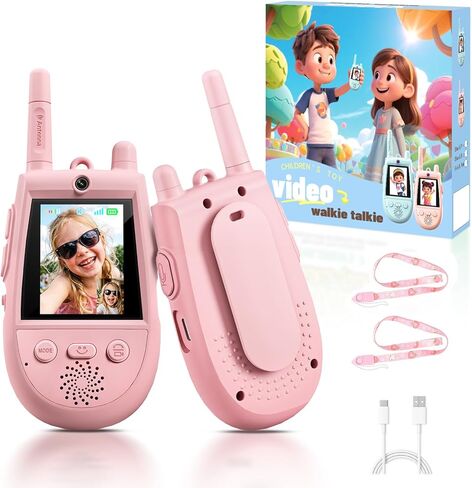 2 Pack Walkie Talkies for Kids, Rechargeable Kids Video Walkie Talkies with Camera & Voice Changer, Long Range Video Chat Toy for Age 3-12, Indoor, Outdoor Play Camping Hiking Games (Pink/Blue) in Kuwait