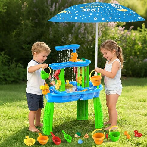 3-Tier Toddler Kids Water Sand Table with Umbrella - Summer Outdoor Toys with Stable Design, Multifunctional Sensory Learning Pool Beach Backyard Activity Playset Gifts for Boys Girls(Navy) in Kuwait