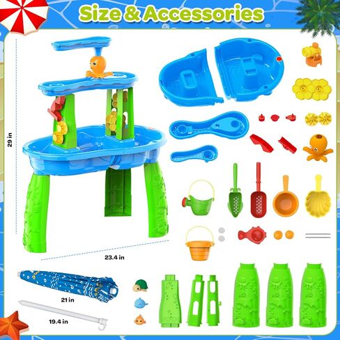 3-Tier Toddler Kids Water Sand Table with Umbrella - Summer Outdoor Toys with Stable Design, Multifunctional Sensory Learning Pool Beach Backyard Activity Playset Gifts for Boys Girls(Navy) in Kuwait