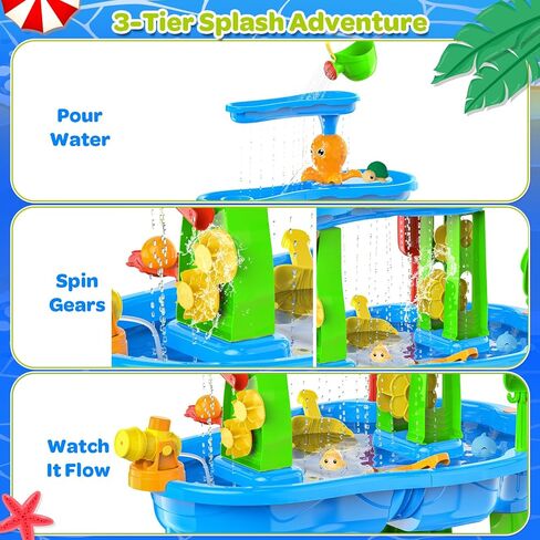 3-Tier Toddler Kids Water Sand Table with Umbrella - Summer Outdoor Toys with Stable Design, Multifunctional Sensory Learning Pool Beach Backyard Activity Playset Gifts for Boys Girls(Navy) in Kuwait