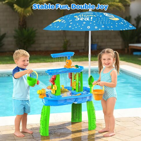 3-Tier Toddler Kids Water Sand Table with Umbrella - Summer Outdoor Toys with Stable Design, Multifunctional Sensory Learning Pool Beach Backyard Activity Playset Gifts for Boys Girls(Navy) in Kuwait