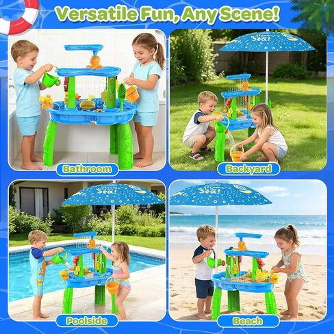 3-Tier Toddler Kids Water Sand Table with Umbrella - Summer Outdoor Toys with Stable Design, Multifunctional Sensory Learning Pool Beach Backyard Activity Playset Gifts for Boys Girls(Navy) in Kuwait