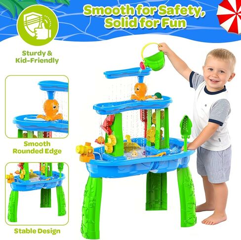 3-Tier Toddler Kids Water Sand Table with Umbrella - Summer Outdoor Toys with Stable Design, Multifunctional Sensory Learning Pool Beach Backyard Activity Playset Gifts for Boys Girls(Navy) in Kuwait