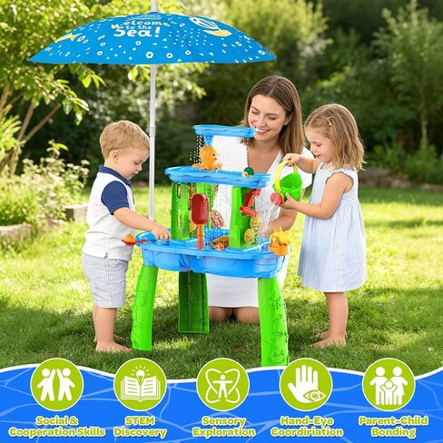 3-Tier Toddler Kids Water Sand Table with Umbrella - Summer Outdoor Toys with Stable Design, Multifunctional Sensory Learning Pool Beach Backyard Activity Playset Gifts for Boys Girls(Navy) in Kuwait