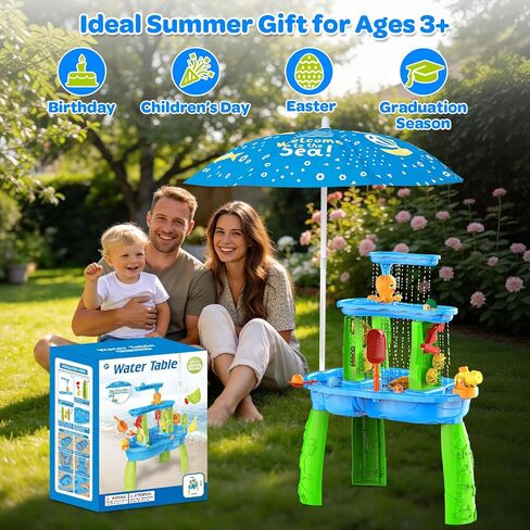 3-Tier Toddler Kids Water Sand Table with Umbrella - Summer Outdoor Toys with Stable Design, Multifunctional Sensory Learning Pool Beach Backyard Activity Playset Gifts for Boys Girls(Navy) in Kuwait