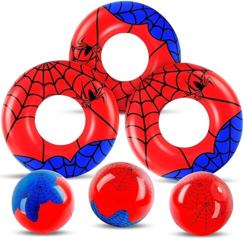 6 Pack Pool Floats for Kids - 3 Pcs Inflatable Spider Web Swim Tubes Rings & 3 Pcs Spider Beach Balls,Summer Pool Floaties Set for Hawaiian Beach, Water Park Fun, Swim Tubes for Summer Party in Kuwait