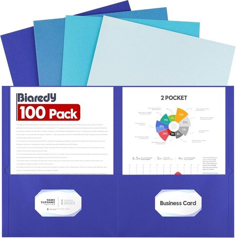 Folders with Pockets, 100 Pack Letter Size Durable Thick Paper 2 Pocket Folders, Holds 100+ Sheets with Business Card Slot for Presentation, Office, School and Home, Blue Assorted in Kuwait