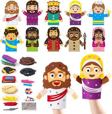 WATINC Hand Puppet Making Kit - 10pcs Jesus Resurrection Felt Sock Puppet Toys, Make Your Own Storytelling Role Play Party Supplies with Googly Eyes & Pom Poms, Arts Crafts Gift for Girls Boys(Easter) in Kuwait