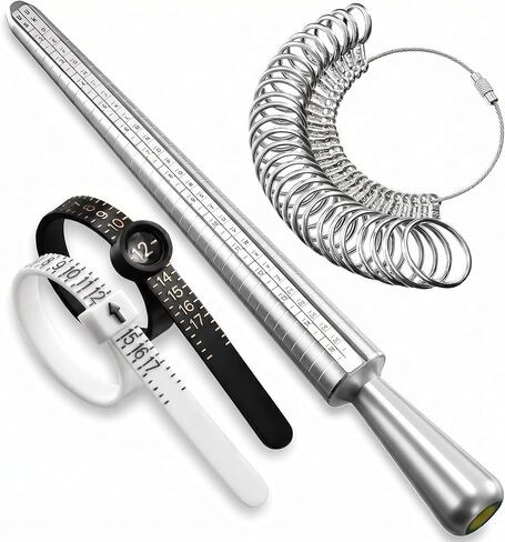 Ring Sizer Measuring Tool Set with Finger Sizer Mandrel, Ring Gauge for Jewelry Sizing, Silver, 4 Piece (Metal-4 Set) in Kuwait