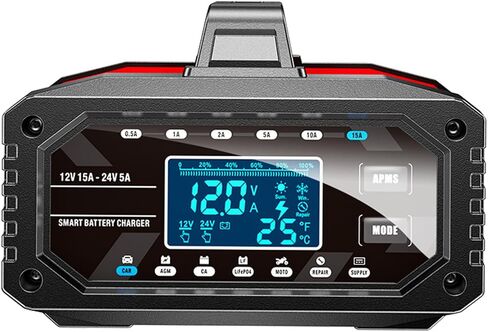 Shkalacar Power Supply 12V 24V AGM Battery Desulfator 15A Smart Battery Charger Maintainer with LCD Display AI 10-Stage Charging for Car Motorcycle Truck Boat LiFePO4 (US Plug) in Kuwait