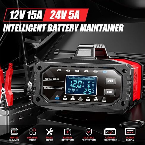 Shkalacar Power Supply 12V 24V AGM Battery Desulfator 15A Smart Battery Charger Maintainer with LCD Display AI 10-Stage Charging for Car Motorcycle Truck Boat LiFePO4 (US Plug) in Kuwait
