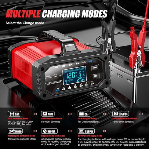 Shkalacar Power Supply 12V 24V AGM Battery Desulfator 15A Smart Battery Charger Maintainer with LCD Display AI 10-Stage Charging for Car Motorcycle Truck Boat LiFePO4 (US Plug) in Kuwait