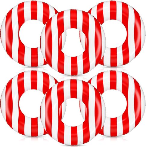 Skylety 6 Pcs Carnival Party Decorations Inflatable Pool Floats, 24" Red and White Striped Swim Tubes for Circus Theme Birthday Party Decorations, Summer Beach Plool Water Supplies in Kuwait