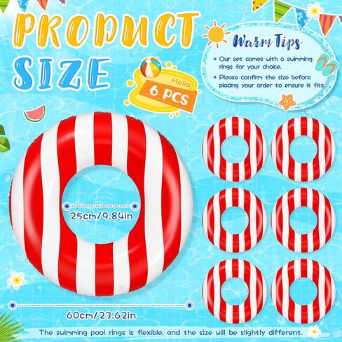 Skylety 6 Pcs Carnival Party Decorations Inflatable Pool Floats, 24" Red and White Striped Swim Tubes for Circus Theme Birthday Party Decorations, Summer Beach Plool Water Supplies in Kuwait