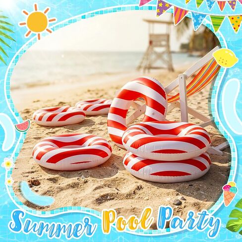 Skylety 6 Pcs Carnival Party Decorations Inflatable Pool Floats, 24" Red and White Striped Swim Tubes for Circus Theme Birthday Party Decorations, Summer Beach Plool Water Supplies in Kuwait