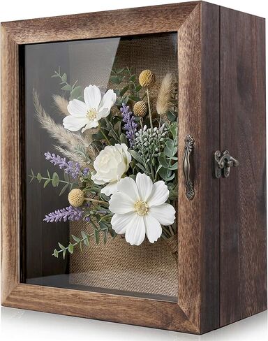 Shadow Box Frame 11x13 in, 4.7 in Depth, Rustic Burnt Wood, Linen Back, Vintage Latch, Acrylic Door, Wall Mounted or Tabletop Display, 10 Pins for Memorabilia for Photos in Saudi Arabia