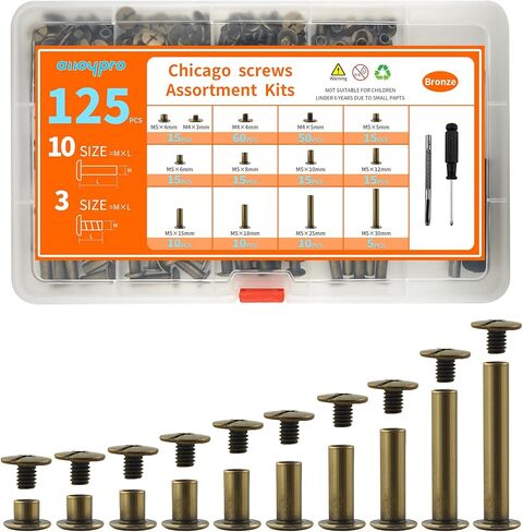 125 Sets Black Chicago Screws Leather Rivets Kit, 10 Sizes (M5*4,5,6,8,10,12,15,18,25,30) & 3 Screw Lengths (M4*3,4,5) Chicago Binding Screws, for Leather Craft, Bookbinding in Kuwait