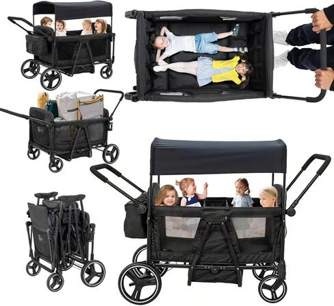 Wagon Stroller for 2 3 4 Kids 4 Seater All-TerrainTandem Baby Wagon Push Pull Foldable Lightweight with 5-Point Harness,Canopy,Snack Tray for Toddlers Beach Park Travel Outdoor Adventures in Saudi Arabia