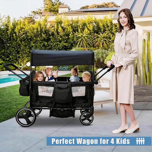 Wagon Stroller for 2 3 4 Kids 4 Seater All-TerrainTandem Baby Wagon Push Pull Foldable Lightweight with 5-Point Harness,Canopy,Snack Tray for Toddlers Beach Park Travel Outdoor Adventures in Saudi Arabia