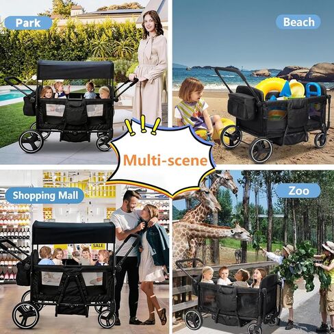 Wagon Stroller for 2 3 4 Kids 4 Seater All-TerrainTandem Baby Wagon Push Pull Foldable Lightweight with 5-Point Harness,Canopy,Snack Tray for Toddlers Beach Park Travel Outdoor Adventures in Saudi Arabia