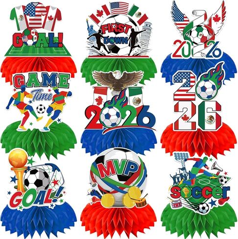 9 قطع 2026 ديكورات حفلات كرة القدم العالمية باللون الأحمر والأخضر والأزرق قطع مركزية على شكل قرص العسل مزدوجة الجوانب، لوازم ديكور الطاولة تحت عنوان كرة القدم لتزيين حفلات كرة القدم الرياضية والمنافسة in Kuwait