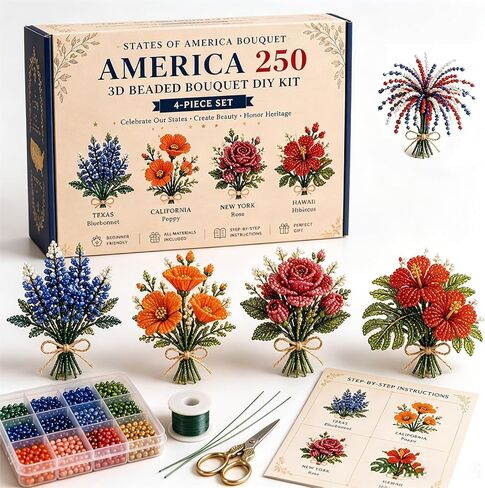 America 250 Beaded Bouquet DIY Kit – Edition Patriotic Craft Collection, Red White Blue Patriotic Craft Collection for 4th of July,4 Pack Flower Making Kit for 250th Anniversary Decor (B#) in Kuwait