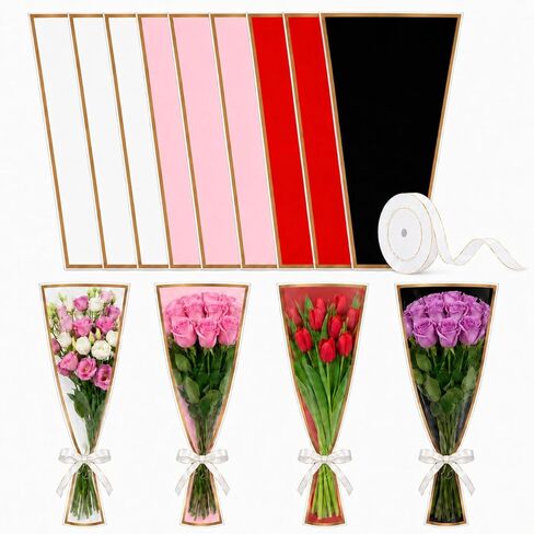 10 PCS 4 Colors Flower Bags for Bouquets, 17.8 x 11.2 Inches Plastic Flower Sleeves Flower Bouquet Wrapping Paper, Clear Front Bouquet Bags Floral Wraps Gift Bag with White Ribbons for Florist in Kuwait
