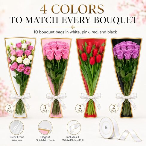 10 PCS 4 Colors Flower Bags for Bouquets, 17.8 x 11.2 Inches Plastic Flower Sleeves Flower Bouquet Wrapping Paper, Clear Front Bouquet Bags Floral Wraps Gift Bag with White Ribbons for Florist in Kuwait