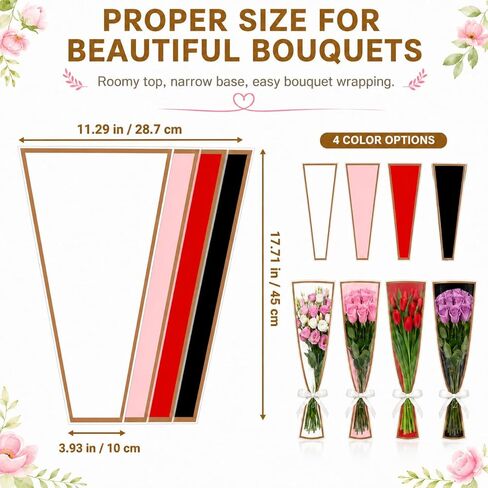 10 PCS 4 Colors Flower Bags for Bouquets, 17.8 x 11.2 Inches Plastic Flower Sleeves Flower Bouquet Wrapping Paper, Clear Front Bouquet Bags Floral Wraps Gift Bag with White Ribbons for Florist in Kuwait
