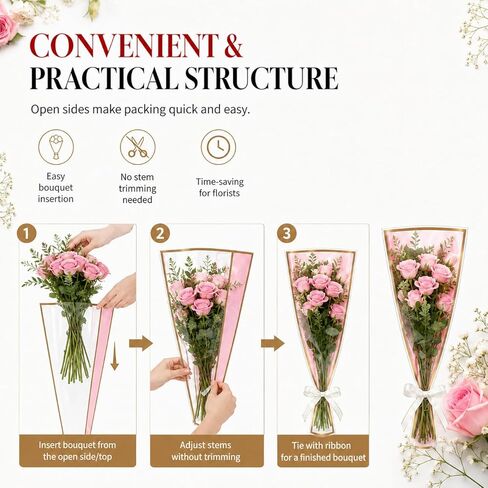 10 PCS 4 Colors Flower Bags for Bouquets, 17.8 x 11.2 Inches Plastic Flower Sleeves Flower Bouquet Wrapping Paper, Clear Front Bouquet Bags Floral Wraps Gift Bag with White Ribbons for Florist in Kuwait