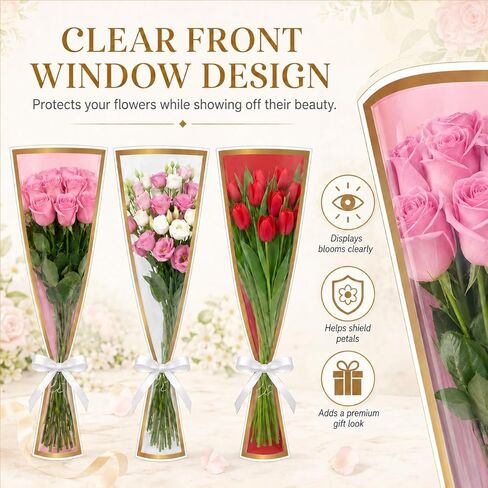 10 PCS 4 Colors Flower Bags for Bouquets, 17.8 x 11.2 Inches Plastic Flower Sleeves Flower Bouquet Wrapping Paper, Clear Front Bouquet Bags Floral Wraps Gift Bag with White Ribbons for Florist in Kuwait