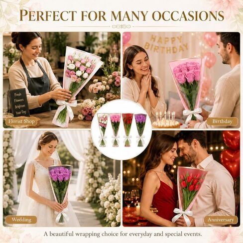 10 PCS 4 Colors Flower Bags for Bouquets, 17.8 x 11.2 Inches Plastic Flower Sleeves Flower Bouquet Wrapping Paper, Clear Front Bouquet Bags Floral Wraps Gift Bag with White Ribbons for Florist in Kuwait