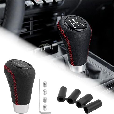 Car Gear Shift Knob,Leather 5 Speed Manual Gear Shifter Knobs with Non-Slip Grip Design,Universal Stick Shift Knob Replacement with 4 Adapters & Wrench for Most Vehicles (Black/Red) in Kuwait