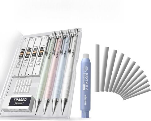 Nicpro 12 Pack TPE Rotary Retractable Pen Eraser Refills, 4PCS 0.9mm Pastel Drafting Pencils with 4 Tube HB Lead Refills in Kuwait