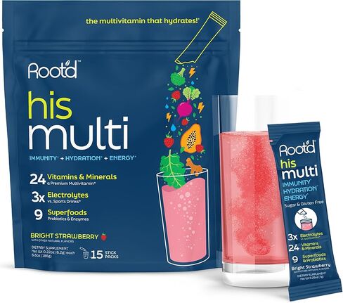 Root'd Multivitamin Powder with 3X Electrolytes for Men - 24 Vitamins & Minerals, 3X Electrolytes, 9 Organic Superfoods, Probiotics & Enzymes, Sugar-Free Multivitamin & Hydration | 24 Packets in Saudi Arabia