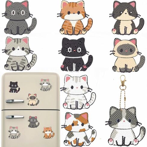 Bulerrylulu 9 Pcs Diamond Painting Magnets Kits Cat Fridge Magnet Stickers Diamond Art Painting Keychains Gem Painting kit for Beginners Adults DIY Art Craft Gifts Home Decors (cat) in Saudi Arabia