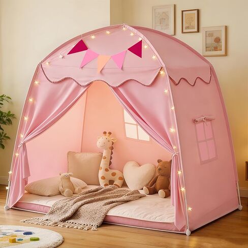 Large Teepee Tent for Kids: with Star Lights & Flags - 3-Window Cone Ball Playhouse for Indoor & Outdoor - Portable & Foldable Gift for Boys & Girls - Pink, 59.1"x39.4"x59.1" in Saudi Arabia