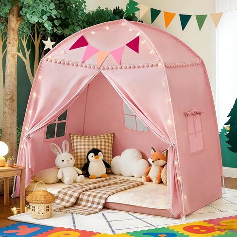 Large Teepee Tent for Kids: with Star Lights & Flags - 3-Window Cone Ball Playhouse for Indoor & Outdoor - Portable & Foldable Gift for Boys & Girls - Pink, 59.1"x39.4"x59.1" in Saudi Arabia