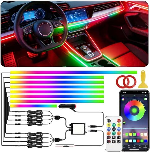 أضواء شريط LED داخلية للسيارة، مصابيح LED أكريليك للسيارة مع مطاردة ديناميكية Dreamcolor، 10 في 1 175 بوصة 593 LED مجموعات الإضاءة المحيطة تطبيق مزامنة الموسيقى اللاسلكي والتحكم عن بعد in Kuwait