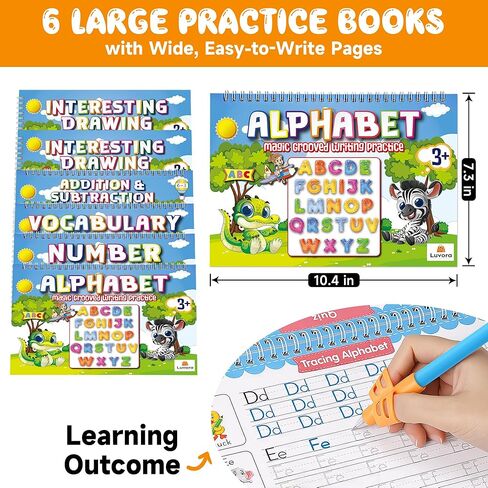 Magic Grooved Writing Practice for Kids Ages 3-8, Reusable Handwriting Practice Books Set (6 Books) with Disappearing Ink Pens, Letter/Number Tracing, Preschool & Kindergarten Learning Kit in Kuwait